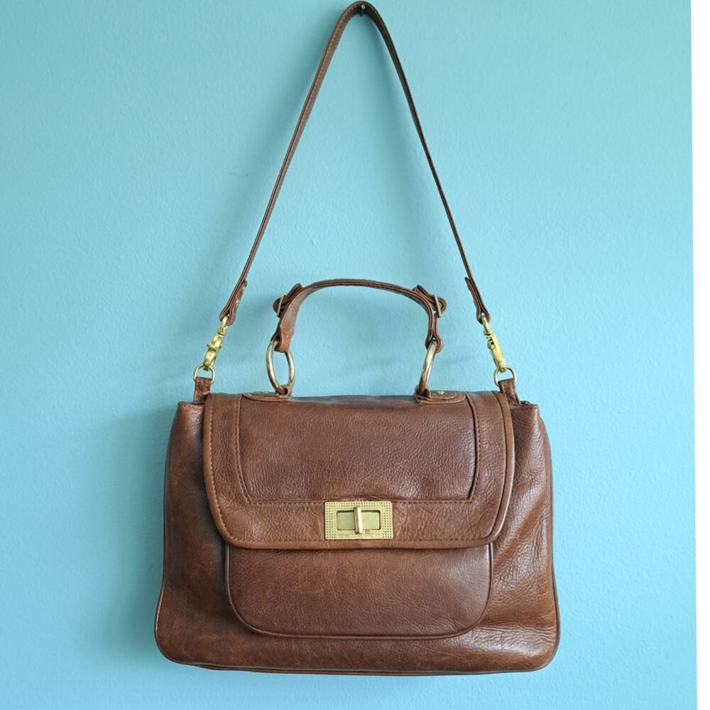 Rebecca Minkoff Covet Satchel Bag Brown Glazed Leather Turnlock Leopard Hobo
